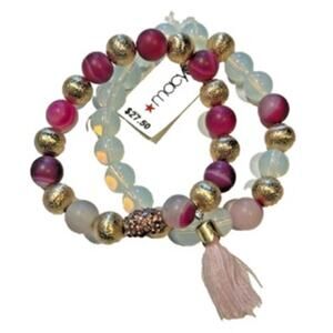 Macy’s Ladies Pink, Gold, & Pale Blue Beaded Stretch Bracelet Set, NWT!